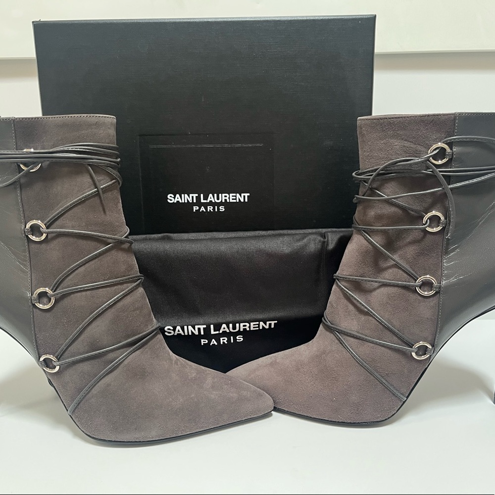 NIB SAINT LAURENT CLASSIC PARISING LACE-UP BOOTIE GRAY SIZE 39 - Picture 10 of 11